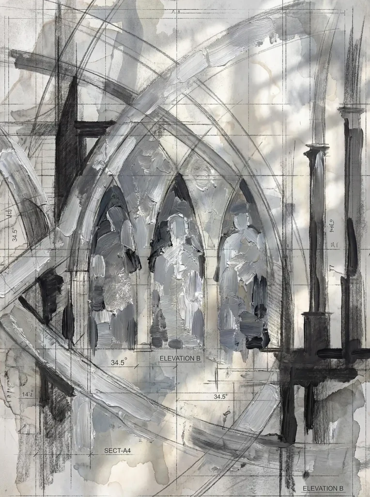 Sweeping across the architectural grid, thick impasto strokes define the silhouette of gothic arches over technical elevation drawings. This monochrome mixed media piece blends the precision of drafting with expressive abstract painting in shades of gray and black. Artwork by Constantine Cheshire