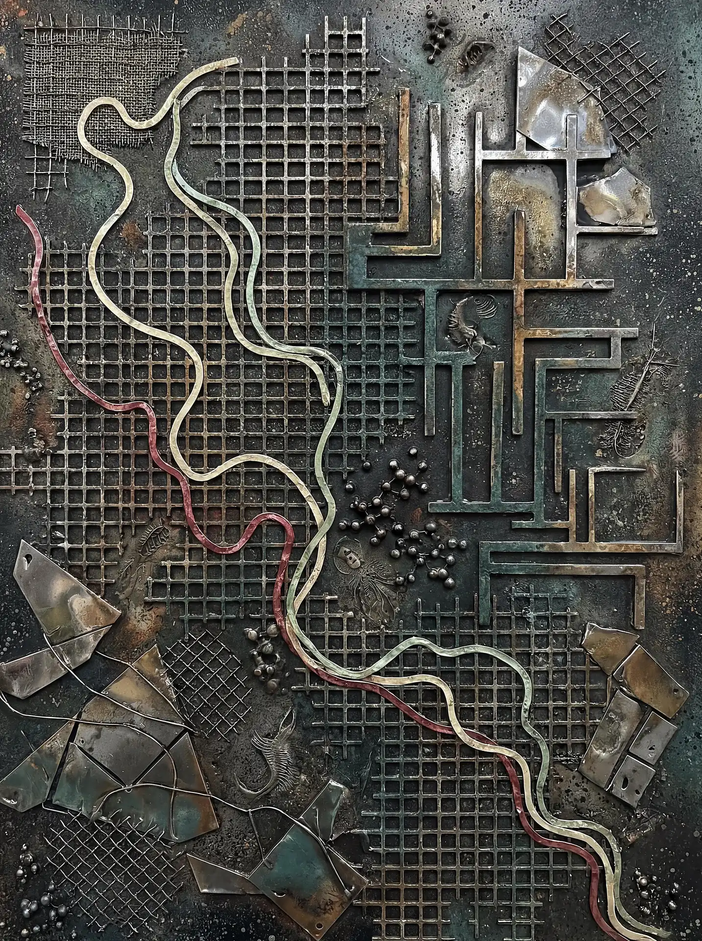 Winding across a grid of rusted mesh, thin metallic lines create a sense of movement within this industrial relief sculpture. This mixed-media piece features weathered steel, geometric shards, and a dark, textured background for a gritty, urban aesthetic. Artwork by Constantine Cheshire