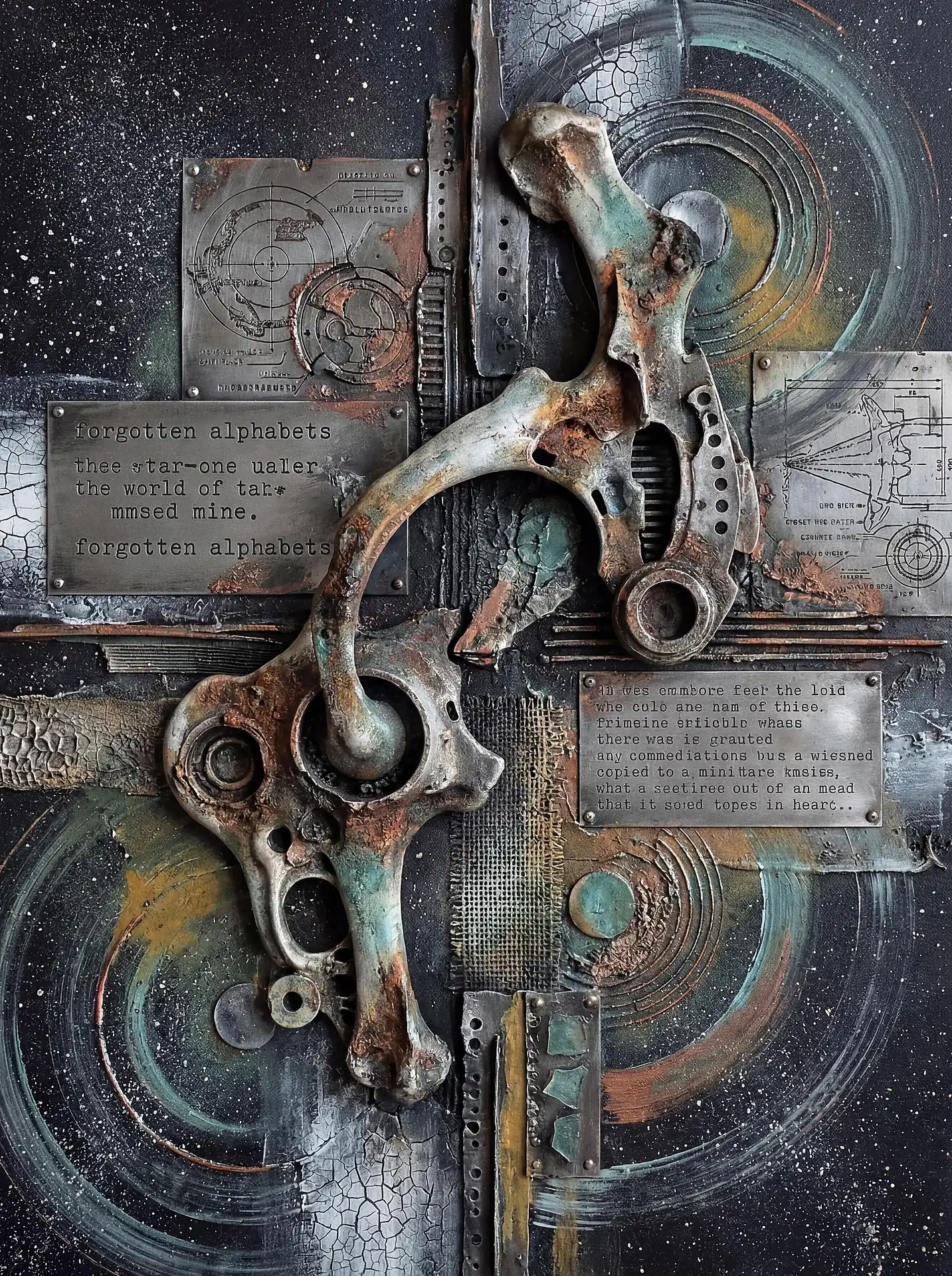 Mysterious and atmospheric, this mixed media piece features rusted mechanical parts and technical diagrams floating against a star-flecked cosmic void. The intricate textures and weathered metal plates create a sense of deep-space archaeology and industrial history. Artwork by Constantine Cheshire