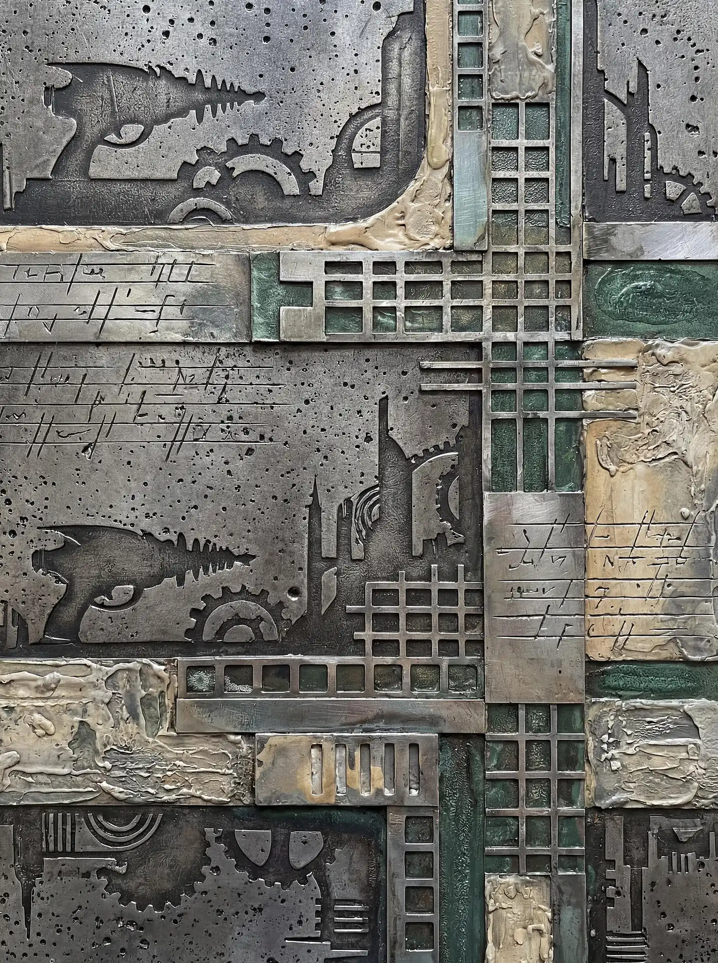 Industrial sci-fi relief sculpture featuring retro ray guns, mechanical gears, and etched cityscapes in a weathered metallic finish. This textured assemblage blends steampunk aesthetics with mid-century futuristic motifs through a complex layering of silver, green, and oxide tones. Artwork by Constantine Cheshire