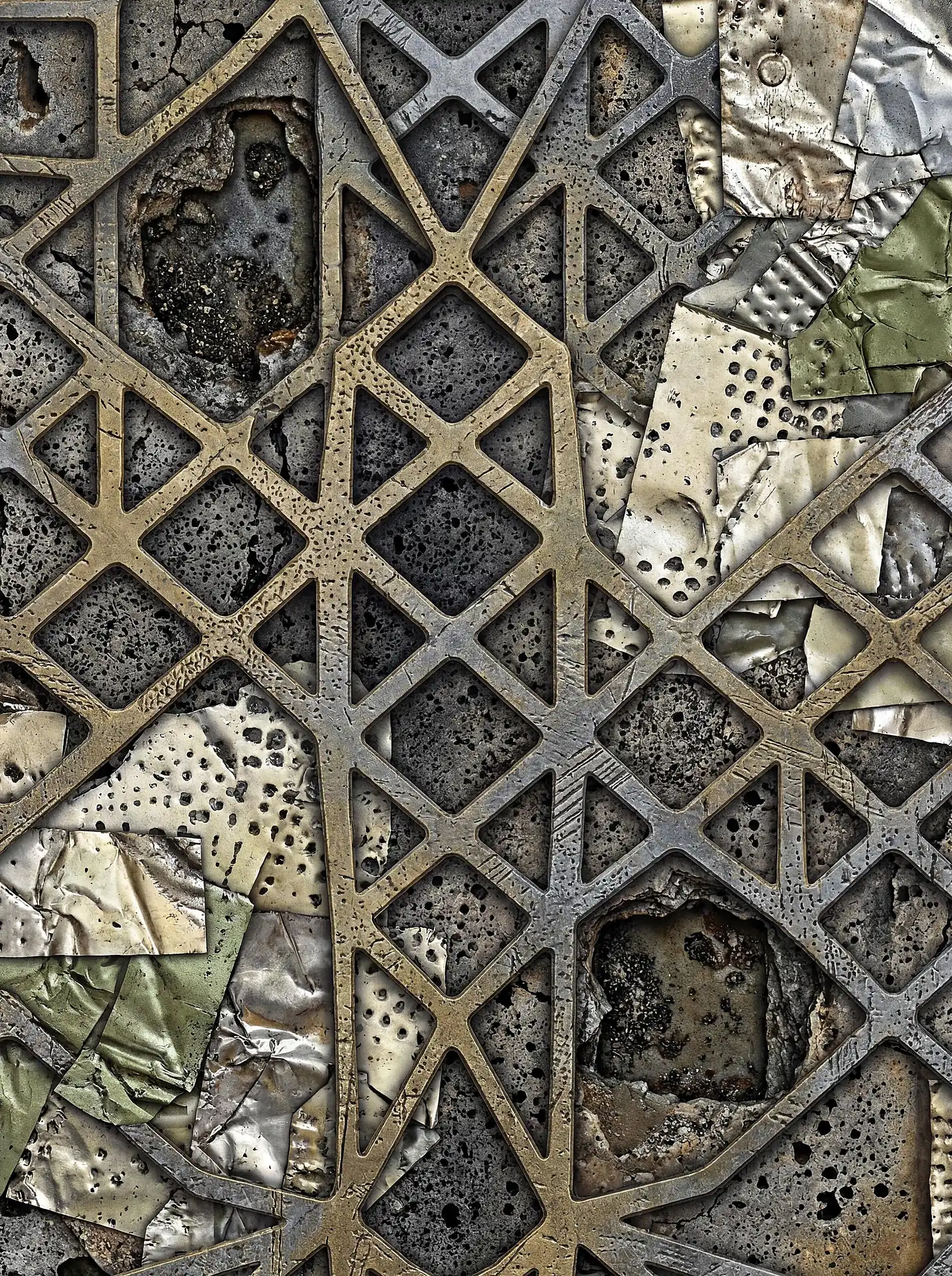 Layering of a rigid geometric bronze lattice over chaotic fragments of crumpled silver and olive metal foil creates a complex industrial landscape. This textured mixed-media piece balances the structure of a grid with the raw, weathered feel of urban materials. Artwork by Constantine Cheshire