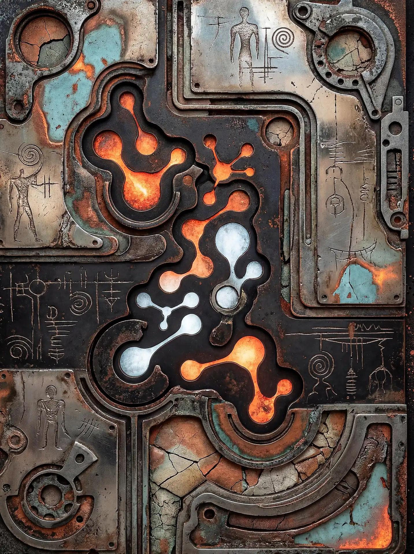 Pulsing with internal light, this weathered mechanical panel features glowing orange conduits winding through ancient petroglyphs and rusted iron plates. The composition blends industrial steampunk aesthetics with primitive symbols to create a mysterious narrative of forgotten technology and copper textures. Artwork by Constantine Cheshire