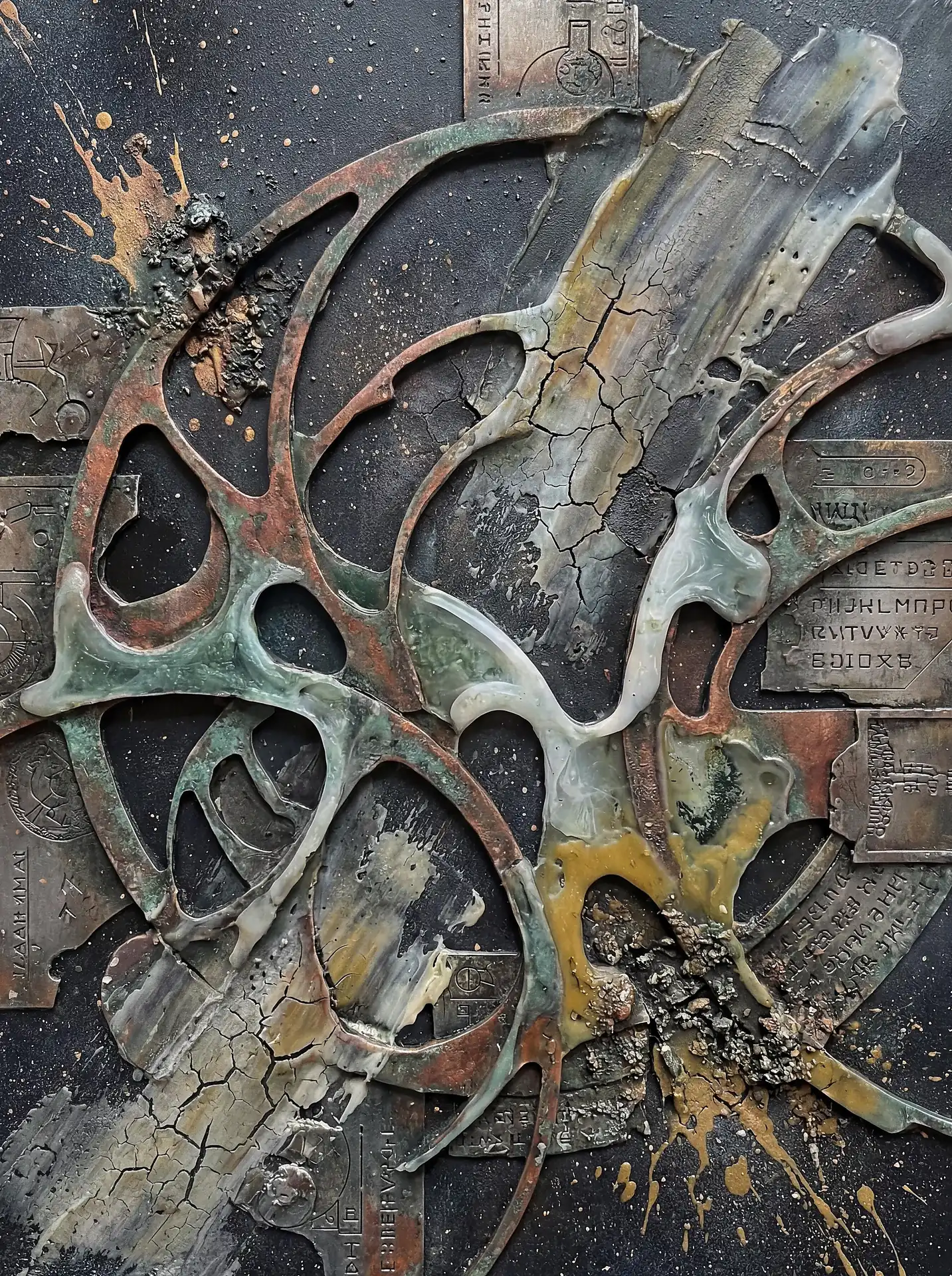 Emerging from a dark void, these rusted metal shards and cracked earthen textures collide with ancient inscribed plates. This mixed-media relief uses molten resin and verdigris patinas to evoke a sense of archaeological discovery and industrial decay. Artwork by Constantine Cheshire