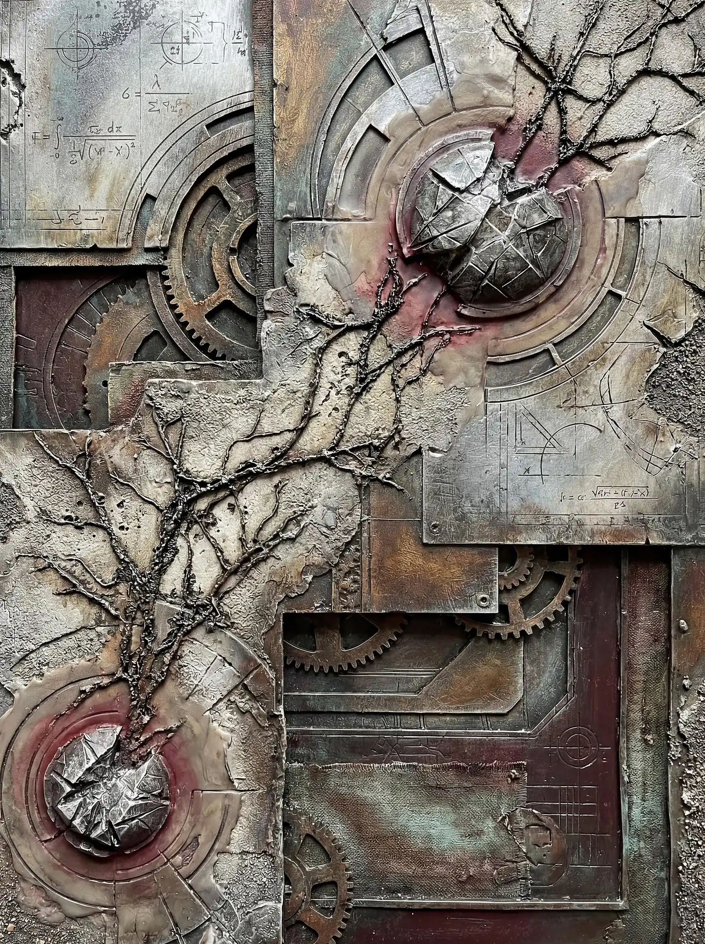 Industrial relief sculpture in a steampunk style features weathered gears and physics formulas alongside organic branch-like textures. This complex assemblage combines metallic rust tones and slate grays to create a mood of technological ruin and biological rebirth. Artwork by Constantine Cheshire