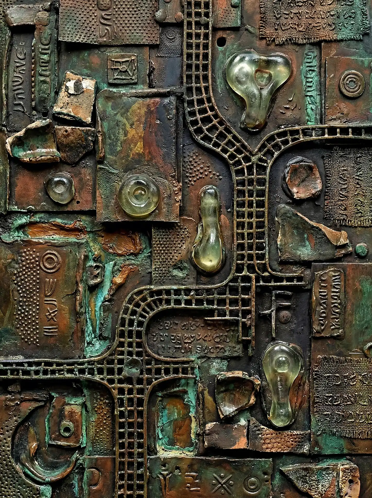 Layering of oxidized copper plates and industrial mesh creates a dense, topographical relief. This mixed media assemblage features translucent resin inclusions and ancient-style glyphs rendered in a rich palette of verdigris and deep bronze tones. Artwork by Constantine Cheshire