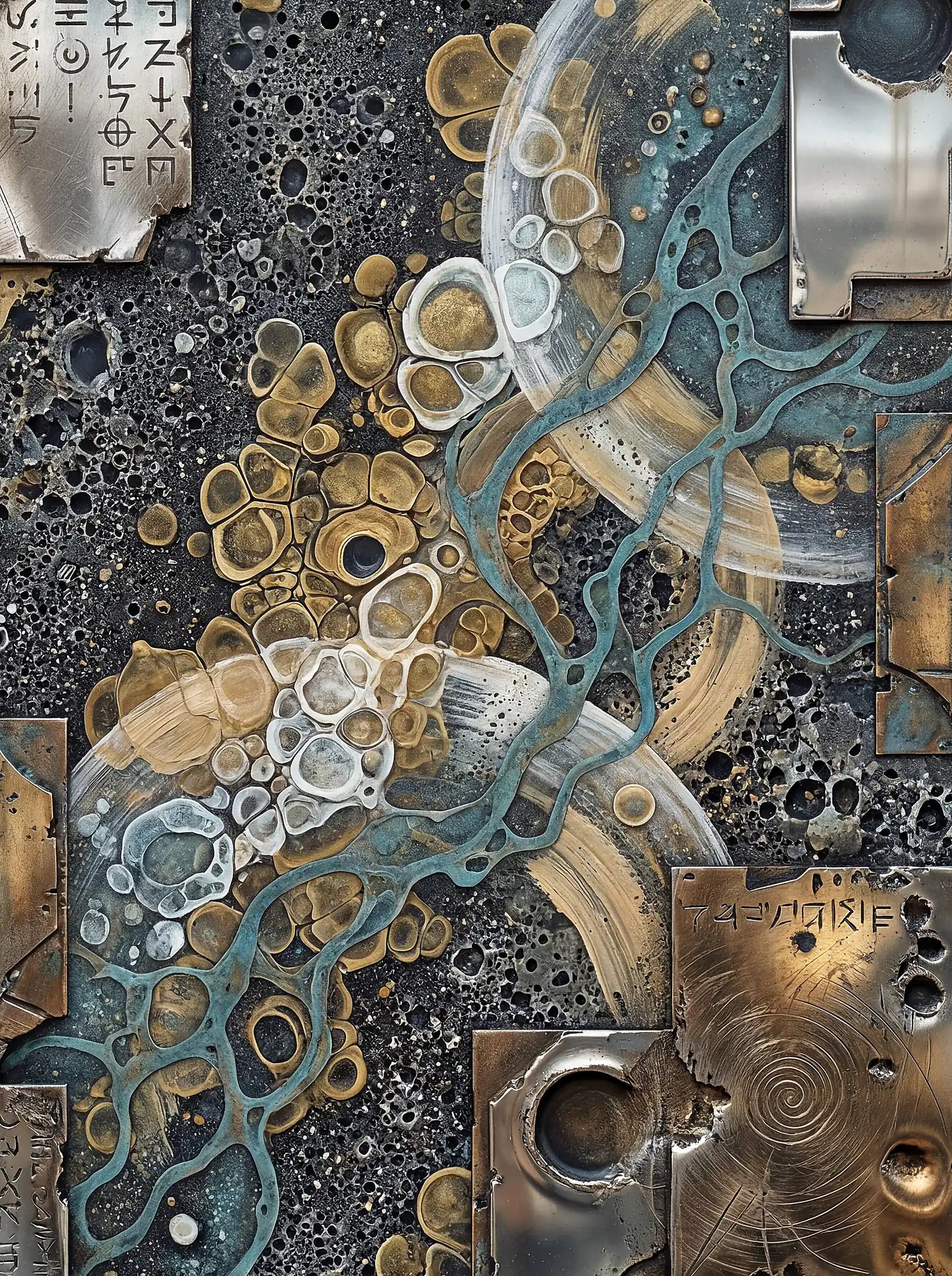 Metallic plates with engraved glyphs are paired with fluid teal organic growth in this intricate mixed-media composition. This piece balances the rigidity of industrial materials with the soft, bubbling textures of biological forms in a palette of bronze, gold, and deep blue. Artwork by Constantine Cheshire