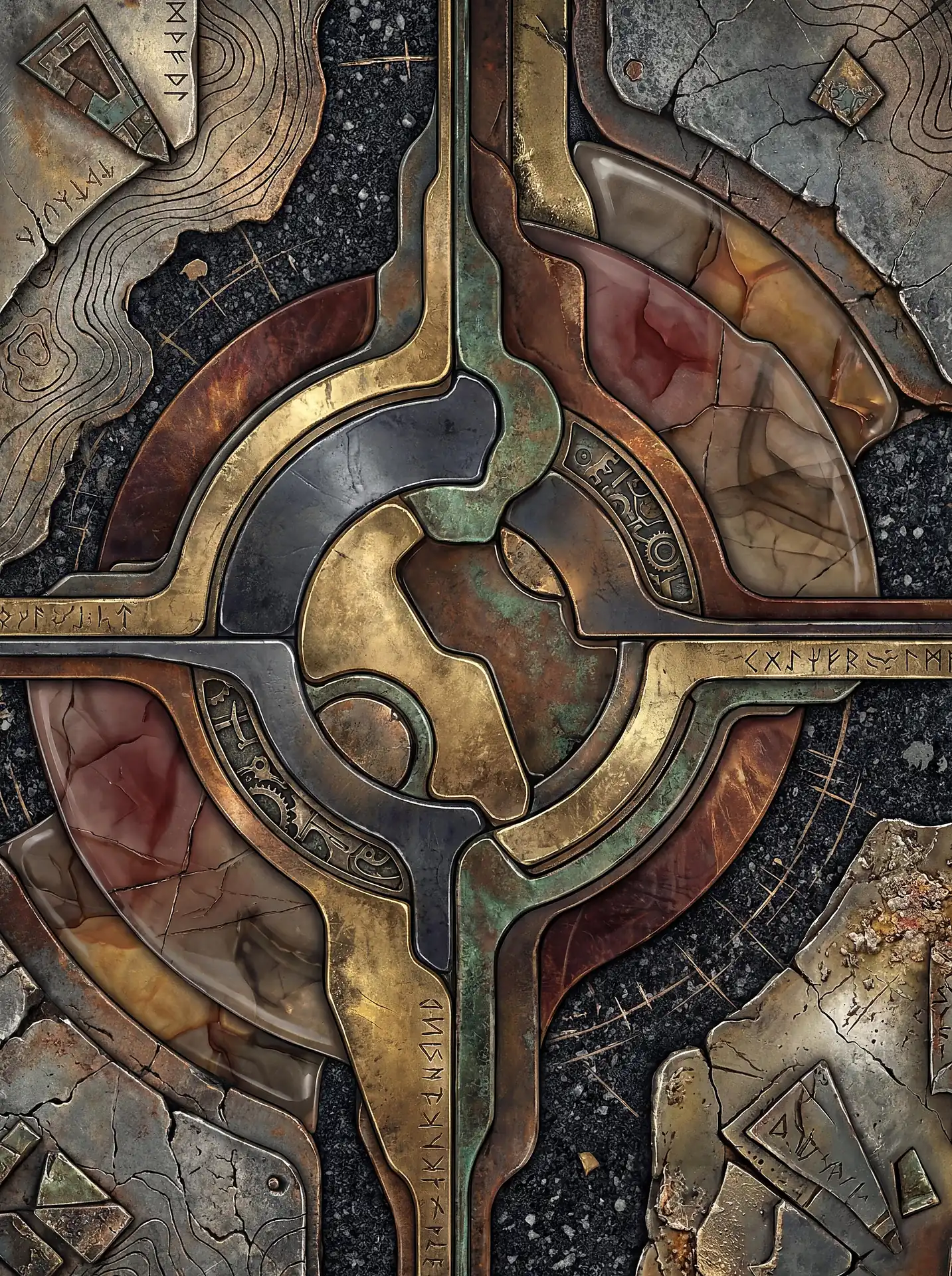 Intricate metallic machinery and weathered stone tiles form a complex steampunk relief. This multi-layered composition features runic inscriptions, oxidized brass gears, and cracked marble surfaces in a moody palette of gold, bronze, and charcoal. Artwork by Constantine Cheshire