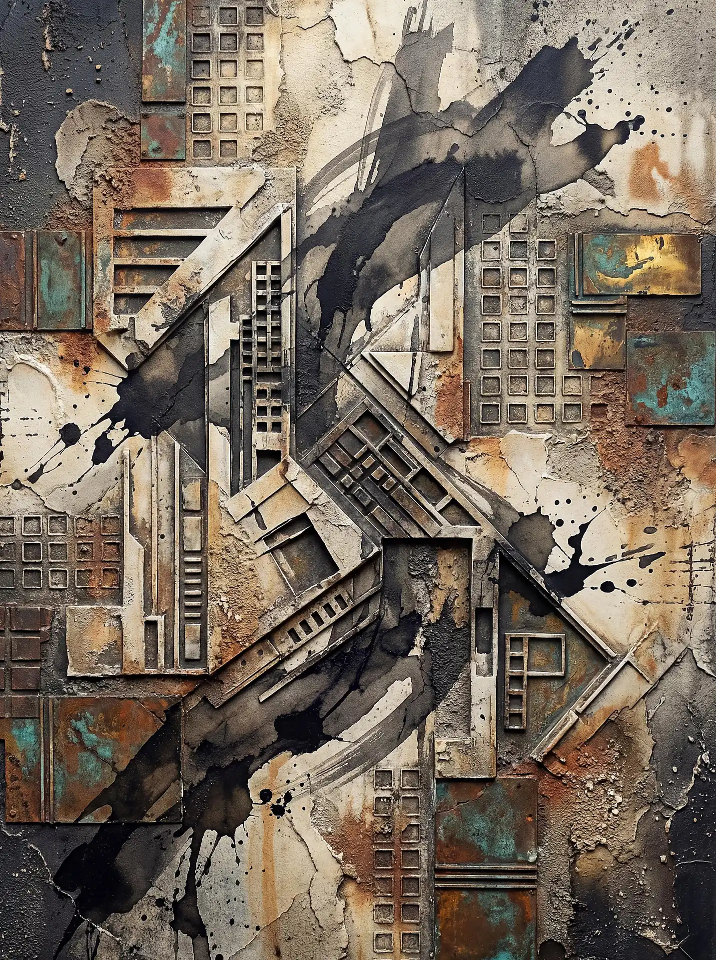 Rusty copper and charcoal tones dominate this industrial relief where geometric panels meet fluid ink splatters. This mixed-media work explores the intersection of brutalist architecture and expressive movement through weathered textures and verdigris accents. Artwork by Constantine Cheshire