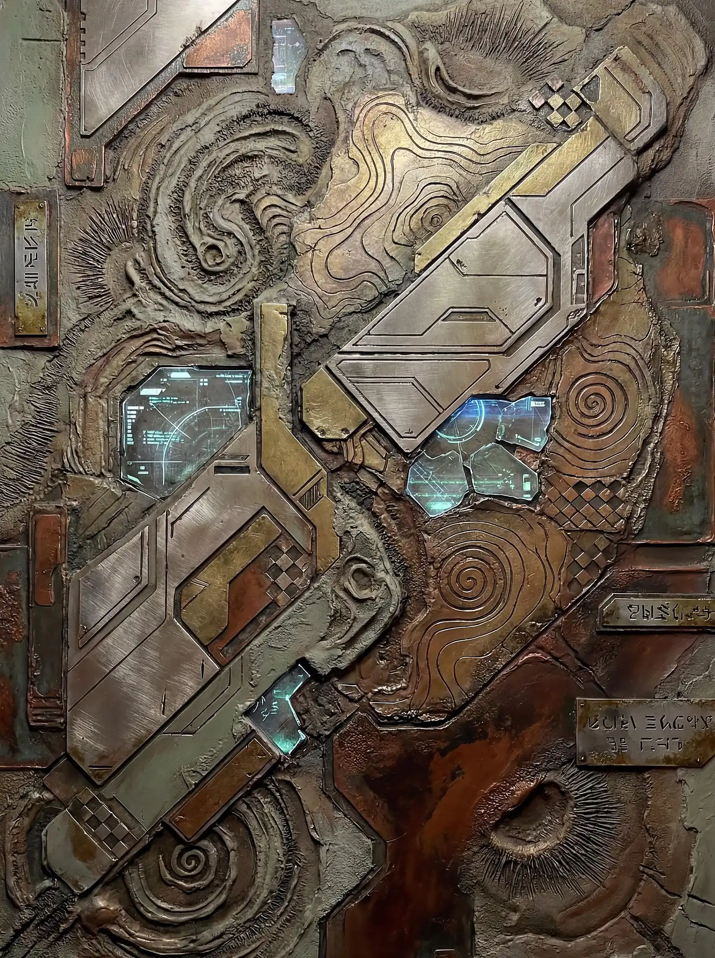 Warm bronze tones and cool blue screen light define this intricate wall relief where futuristic machinery meets ancient stone textures. This mixed-media sculpture blends brushed metal plates and digital interfaces with hand-carved spirals for a unique cyberpunk aesthetic. Artwork by Constantine Cheshire
