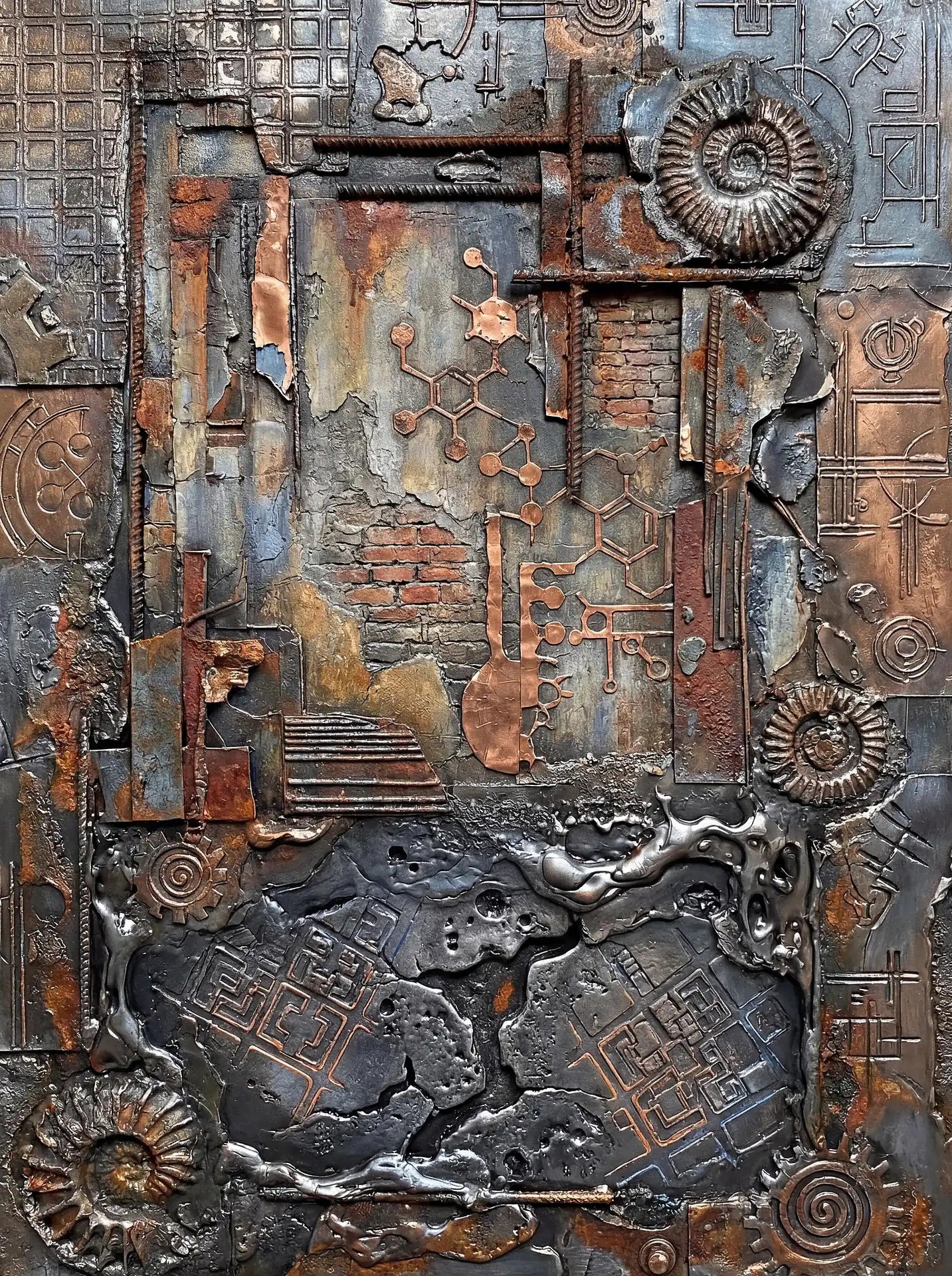 Overlapping layers of rusted steel and corroded copper reveal a dense grid of scientific diagrams and prehistoric fossils. This industrial assemblage fuses the organic curves of ammonites with the rigid structures of chemical bonds and mechanical gears to create a dark, textured wall sculpture. Artwork by Constantine Cheshire