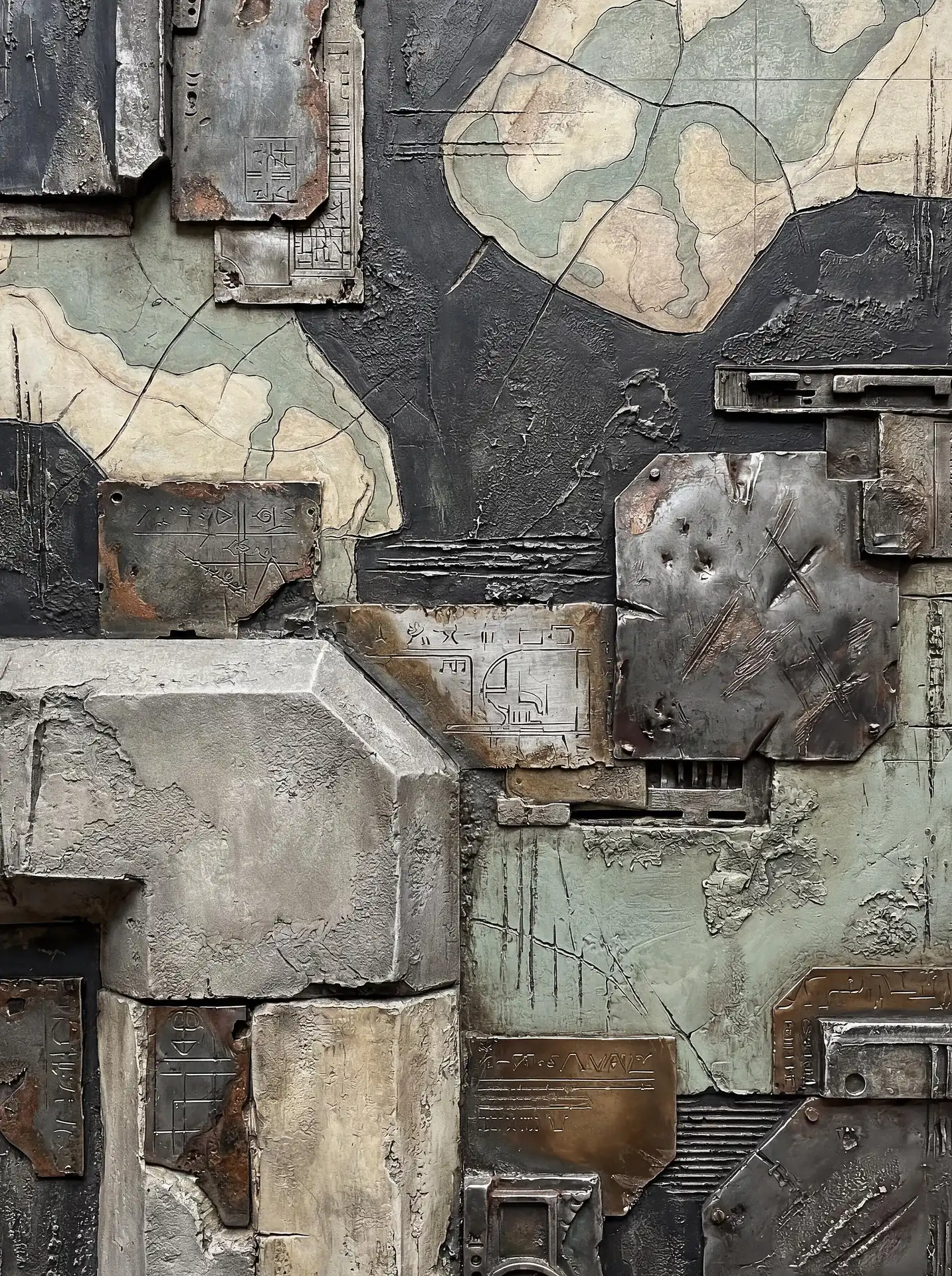 Oxidized metal and pitted concrete form a dense, layered relief that suggests a subterranean or futuristic schematic. The composition blends weathered mechanical components with faint cartographic etchings in a muted palette of steel grey and ochre. Artwork by Constantine Cheshire