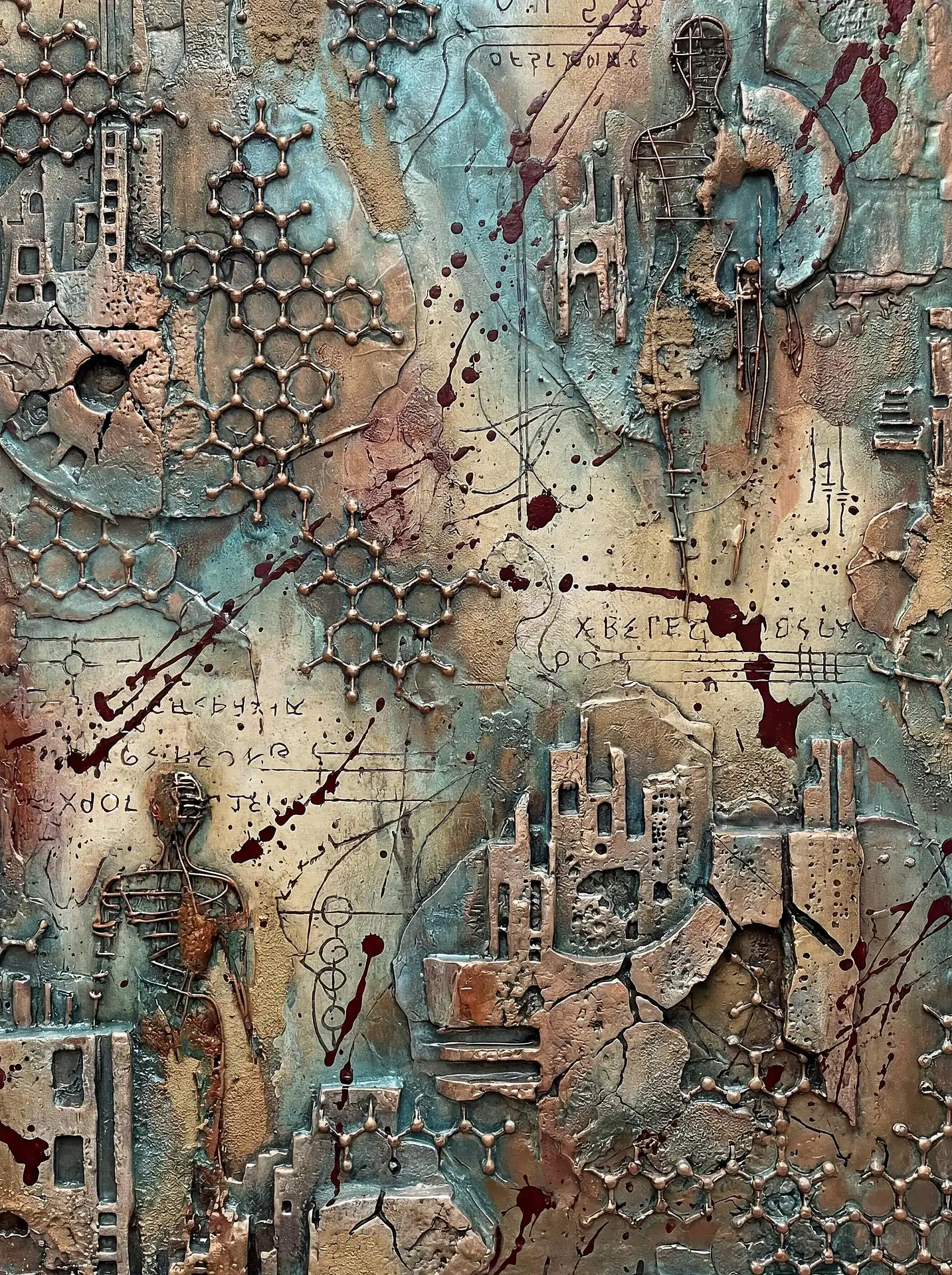 Teal patina and warm copper tones illuminate this complex relief featuring molecular structures and wireframe human silhouettes. The composition blends scientific diagrams with gritty textures and evocative crimson splatters for a compelling industrial aesthetic. Artwork by Constantine Cheshire