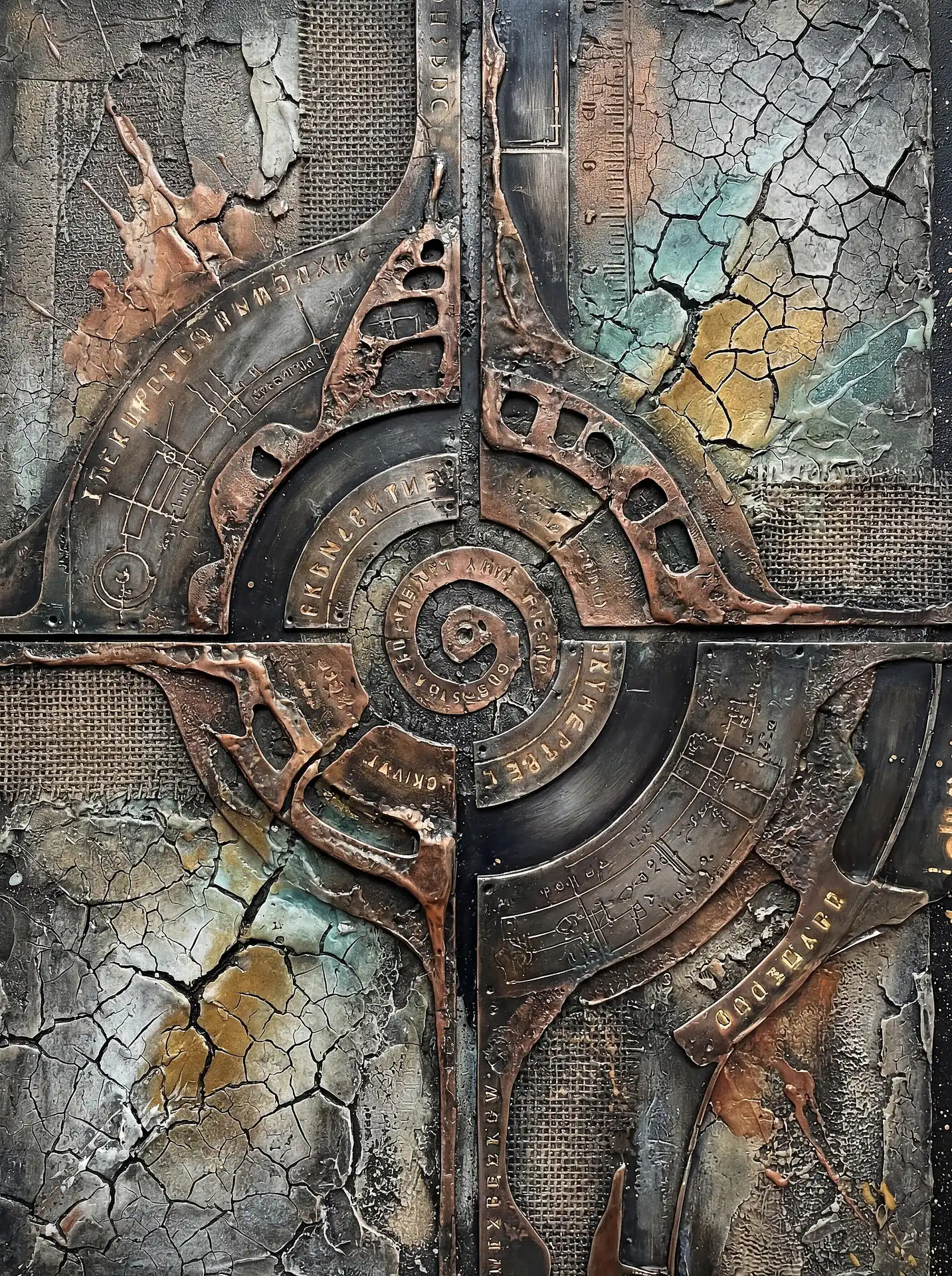 Muted copper tones and weathered bronze highlights define this intricate mechanical relief featuring a central gear spiral. The artwork combines industrial textures, cracked patina, and cryptic engravings to create a sense of ancient, forgotten machinery. Artwork by Constantine Cheshire