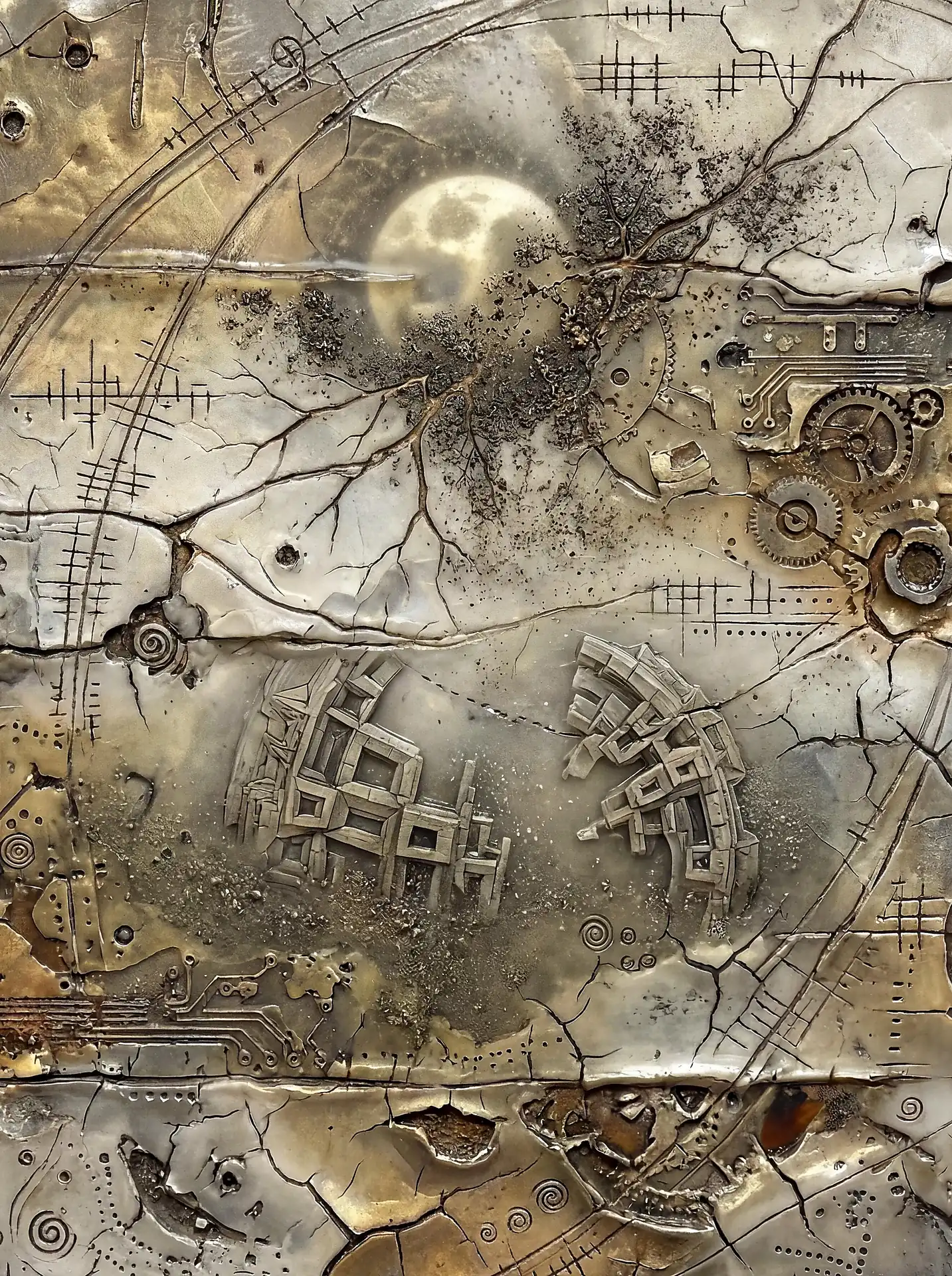 Layering and intricate arrangement of metallic textures create a weathered sci-fi landscape featuring a central moon and mechanical gears. This mixed-media relief uses bronze and silver tones to depict a dystopian world where technology meets celestial elements through cracked, industrial patterns. Artwork by Constantine Cheshire
