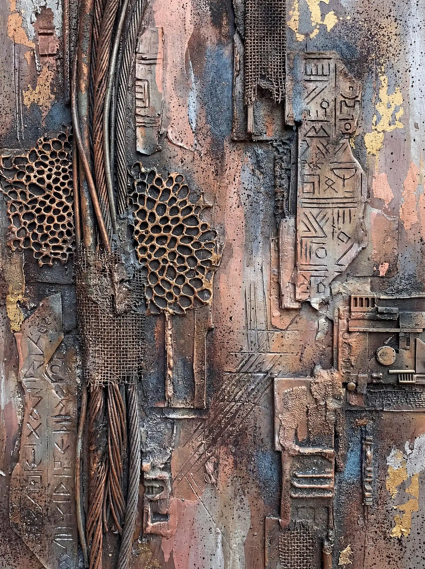 Bronzed and oxidized surfaces cover this complex mixed-media relief featuring bundles of copper wire and engraved metallic panels. This industrial artwork evokes a sense of futuristic archaeology through its rich layers of weathered metal and intricate mechanical textures. Artwork by Constantine Cheshire