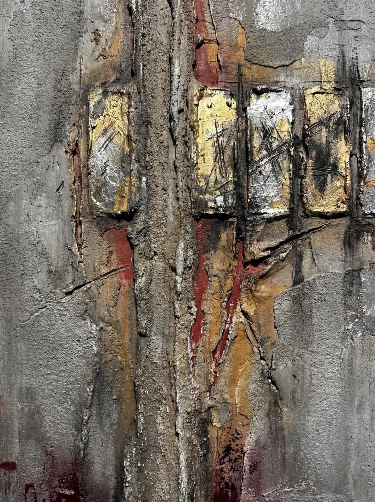 Muted gray tones and metallic shimmer define this industrial abstract artwork. Heavy impasto textures, gold leaf rectangles, and deep red highlights create a weathered, urban mood reminiscent of decaying city walls or excavated artifacts. Artwork by Constantine Cheshire