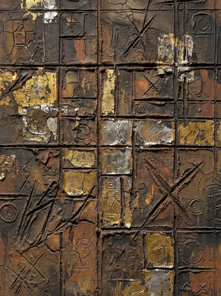 Somber and ancient, this mixed media piece features a deeply textured grid surface embedded with fragments of gold and silver leaf. Hand-carved symbols and gestural marks break through the dark, earth-toned background to create a sense of archaeological mystery. Artwork by Constantine Cheshire