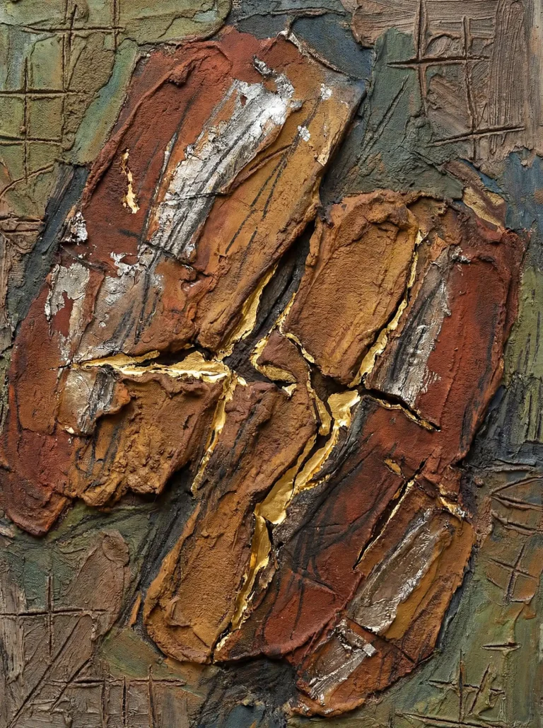 Evoking a sense of ancient mystery and geological time, this mixed media painting features heavy slabs of terracotta pigment split by shimmering veins of gold and silver leaf. The rough, tactile surface is layered over subtle geometric etchings and deep olive tones. Artwork by Constantine Cheshire