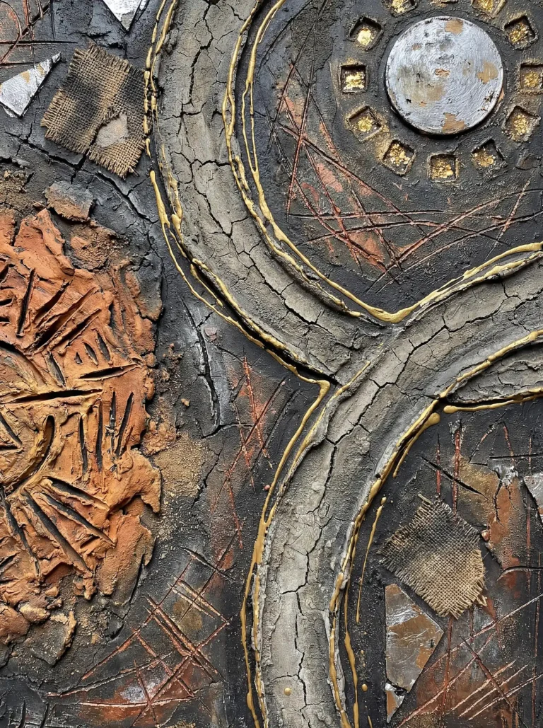 Cracked clay, burlap scraps, and metallic gold accents create a layered industrial composition in this abstract mixed-media piece. Heavy impasto textures in burnt orange and charcoal black evoke a sense of weathered antiquity and modern artistic depth. Artwork by Constantine Cheshire