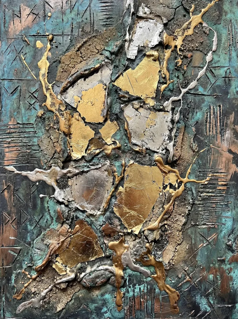 Gold leaf and silver foil mixed media artwork on a heavily textured verdigris background featuring etched runic symbols. This piece combines metallic lusters with earthy textures and ancient iconography to create a mysterious, archaeological aesthetic. Artwork by Constantine Cheshire