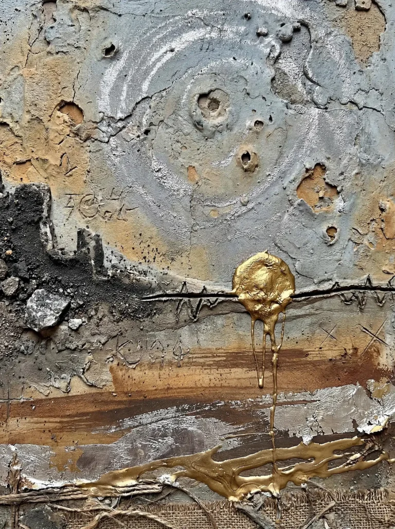 Thick concrete texture, burlap fibers, and metallic gold drips create a rugged industrial landscape. A silver spiral and hand-carved markings add depth to the weathered, earth-toned mixed media composition, evoking a sense of urban decay and modern resilience. Artwork by Constantine Cheshire