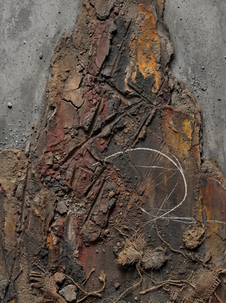 Earthy tones and cool grey concrete frame this tactile composition of cracked clay, weathered metal, and frayed burlap scraps. This vertical mixed media piece explores themes of urban decay and geological erosion through rich, layered textures and a gritty, neutral color palette. Artwork by Constantine Cheshire