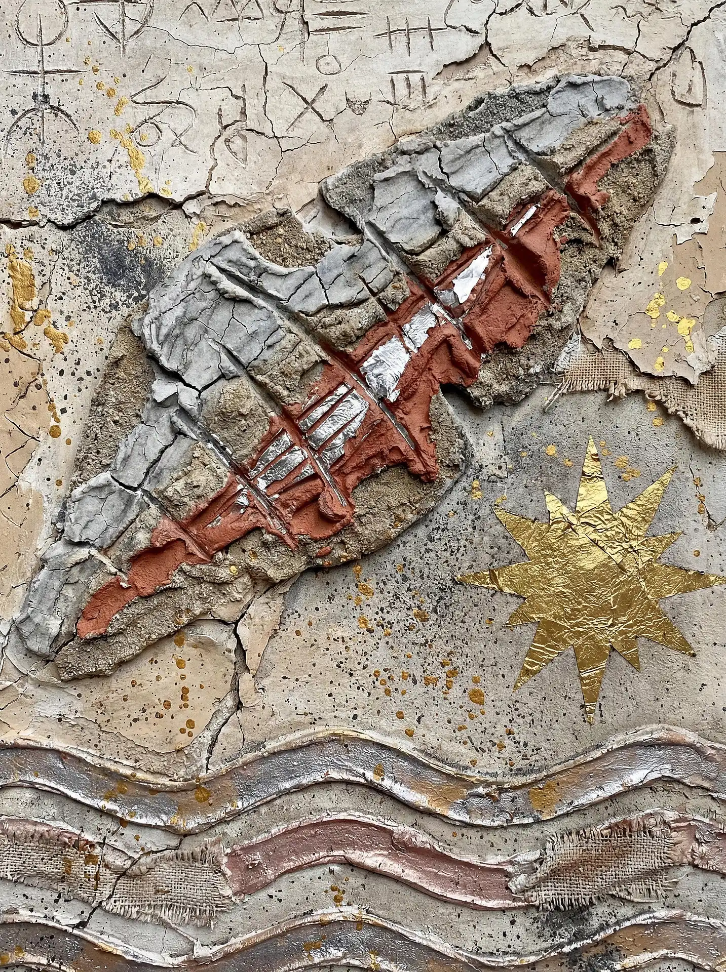 Fossilized shapes and a gold foil sun are rendered in a heavily textured mixed media relief on a cracked plaster surface. This contemporary piece combines burlap, clay, and metallic leaf with ancient-style runes to create a weathered, archaeological mood. Artwork by Constantine Cheshire