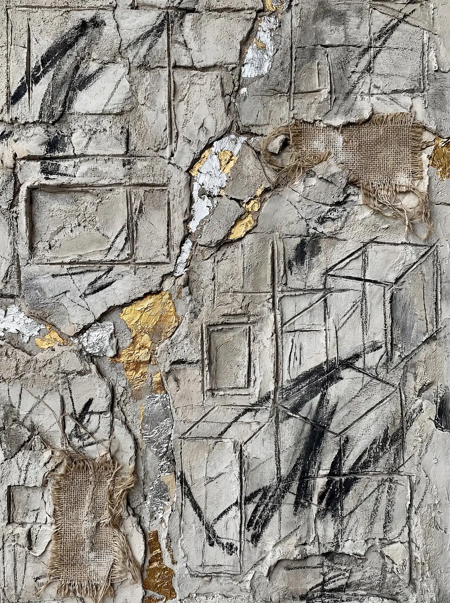 Coarse plaster, frayed burlap, and metallic foil create a layered industrial composition on this mixed media canvas. Black charcoal sketches of geometric boxes add a structural element to the weathered, neutral-toned surface. Artwork by Constantine Cheshire