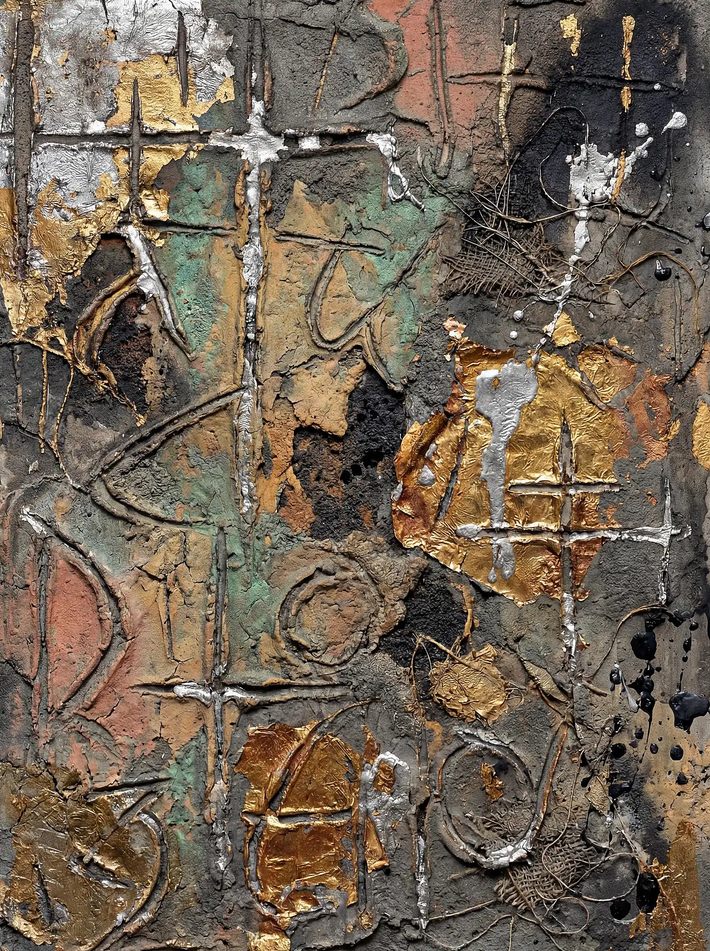 Muted earth tones and shimmering gold leaf characterize this heavily textured mixed media artwork. Scratched symbols and embedded burlap create a weathered, archaeological aesthetic that blends industrial grit with refined metallic accents. Artwork by Constantine Cheshire