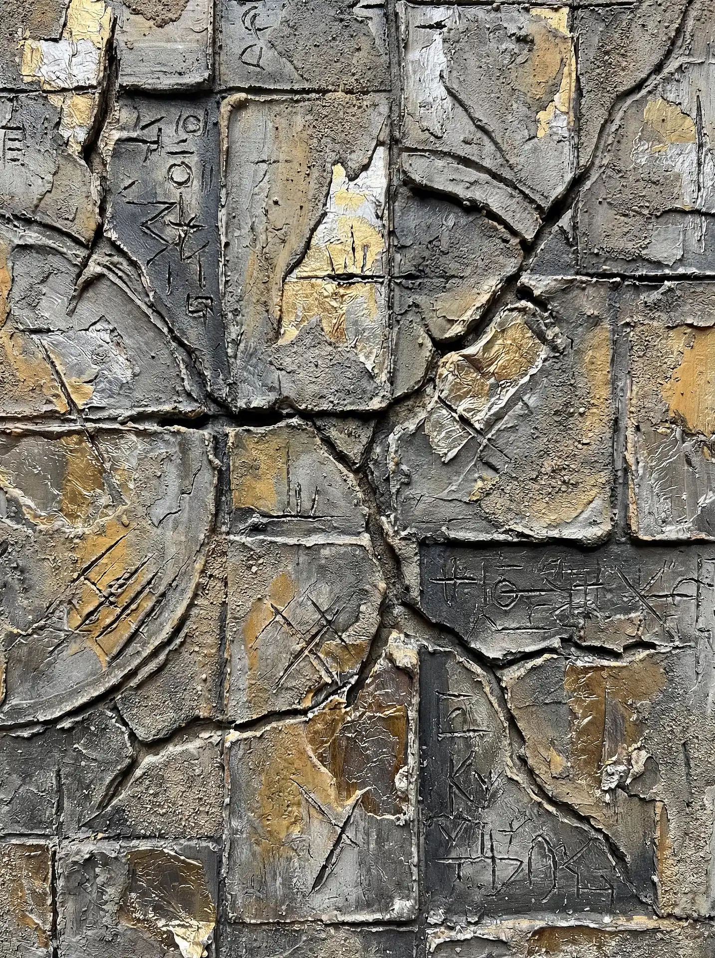 Cracked ancient wall relief rendered in a mixed media industrial style. The weathered surface features deep fissures, textured concrete blocks, and shimmering gold leaf highlights alongside cryptic engraved symbols that evoke a sense of mystery and archaeological discovery. Artwork by Constantine Cheshire