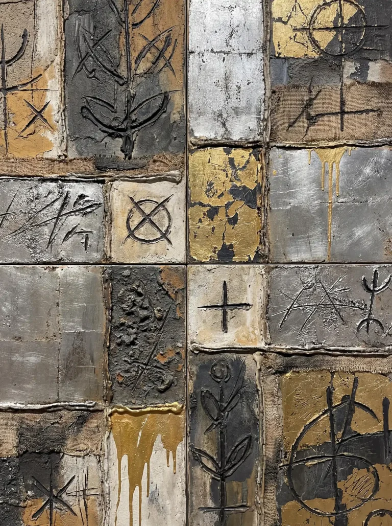 Shimmering gold and silver leaf contrast against dark, textured backgrounds in this complex mixed media piece. The composition combines industrial materials like burlap with primitive-style etchings of plants and crosses to create a rich, archaeological aesthetic. Artwork by Constantine Cheshire