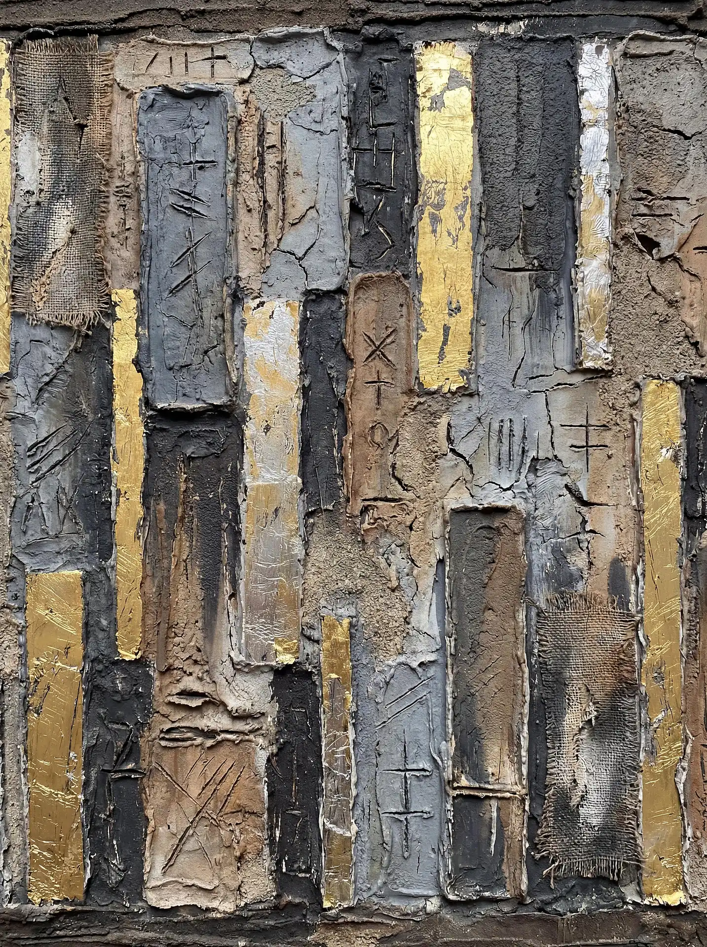 Abstract mixed-media composition featuring heavy impasto plaster, burlap fragments, and metallic leafing over a weathered gray background. Primitive etched symbols and cracked surfaces create a wabi-sabi aesthetic with rich tactile layers and earth tones. Artwork by Constantine Cheshire