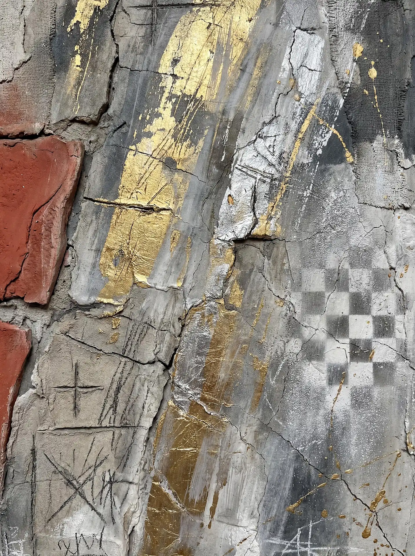 Gritty and industrial atmosphere defines this mixed-media artwork featuring metallic gold and silver paint strokes over a cracked concrete surface. Terracotta brick elements and subtle checkered patterns add depth to the weathered grey textures, creating a modern urban aesthetic. Artwork by Constantine Cheshire