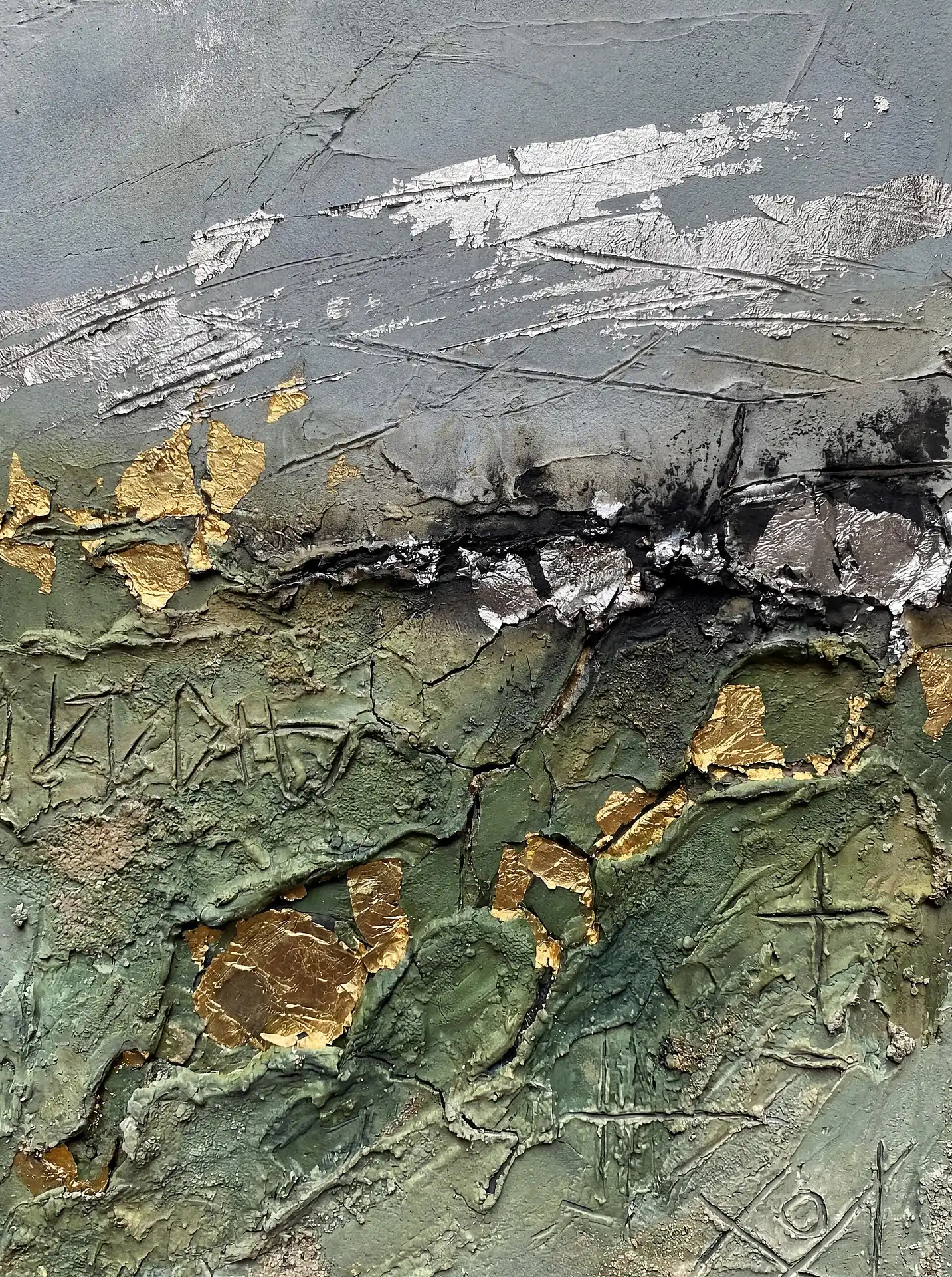 Muted green and cool grey tones provide a base for this highly textured abstract landscape. Shimmering gold and silver leaf are layered onto the cracked, impasto surface to create a sense of weathered geological luxury. Artwork by Constantine Cheshire