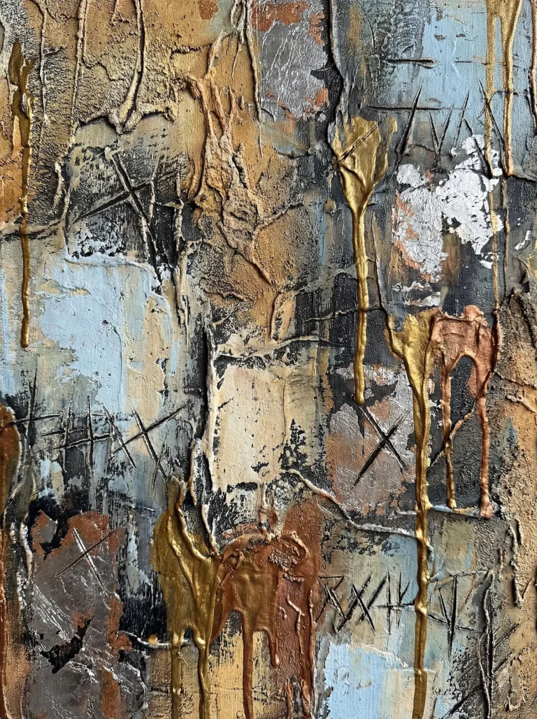 Abstract mixed media painting featuring heavy impasto textures, metallic gold drips, and weathered blue tones. Scratched tally marks and industrial motifs create a rustic, contemporary mood with rich bronze and silver accents. Artwork by Constantine Cheshire
