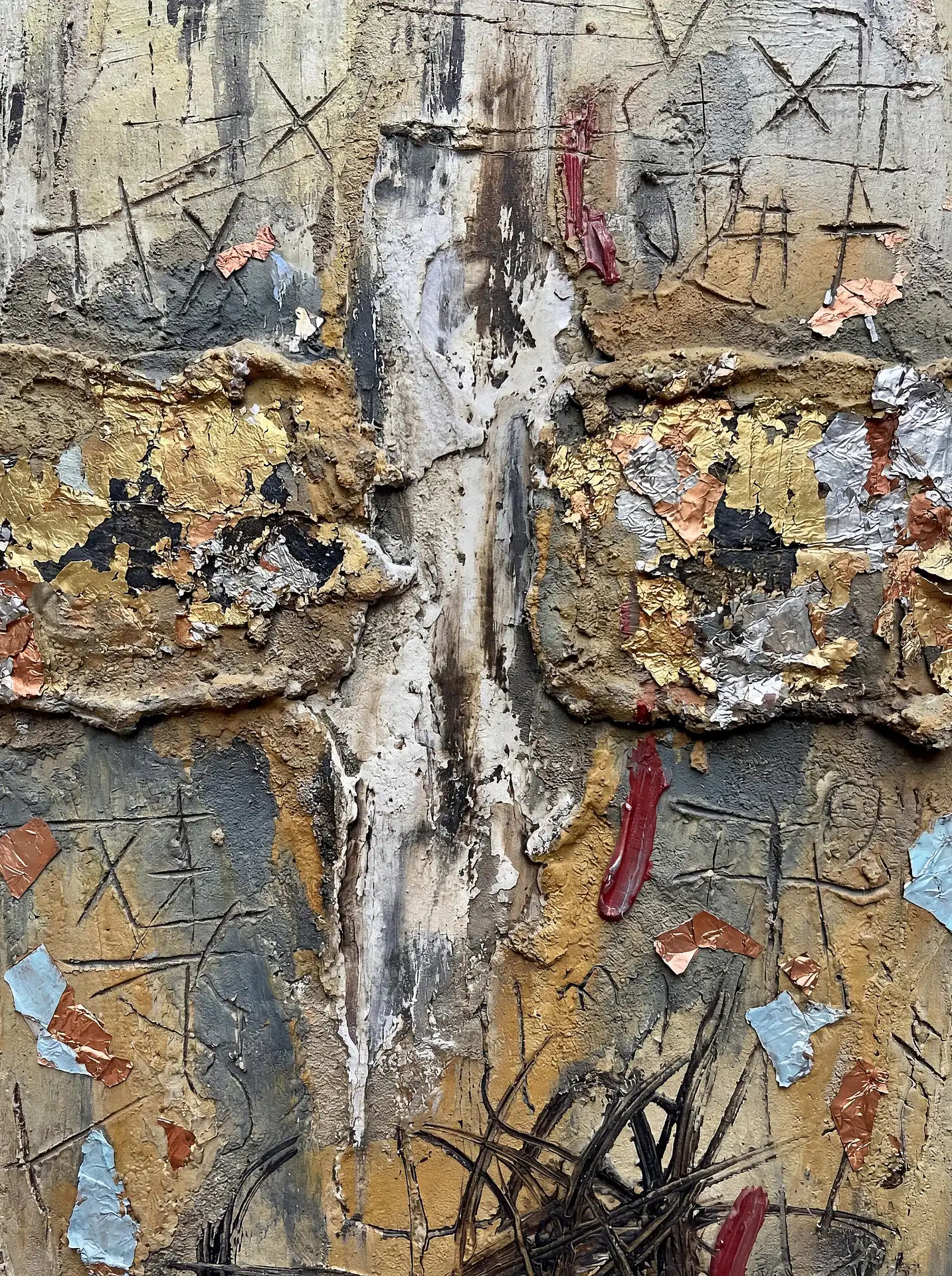 Layering of thick plaster and metallic foils creates a sense of ancient history combined with modern industrial decay. This mixed-media piece utilizes earthy ochre and grey tones contrasted by vibrant gold, silver, and red accents, featuring a gritty, tactile surface filled with mysterious incised marks. Artwork by Constantine Cheshire