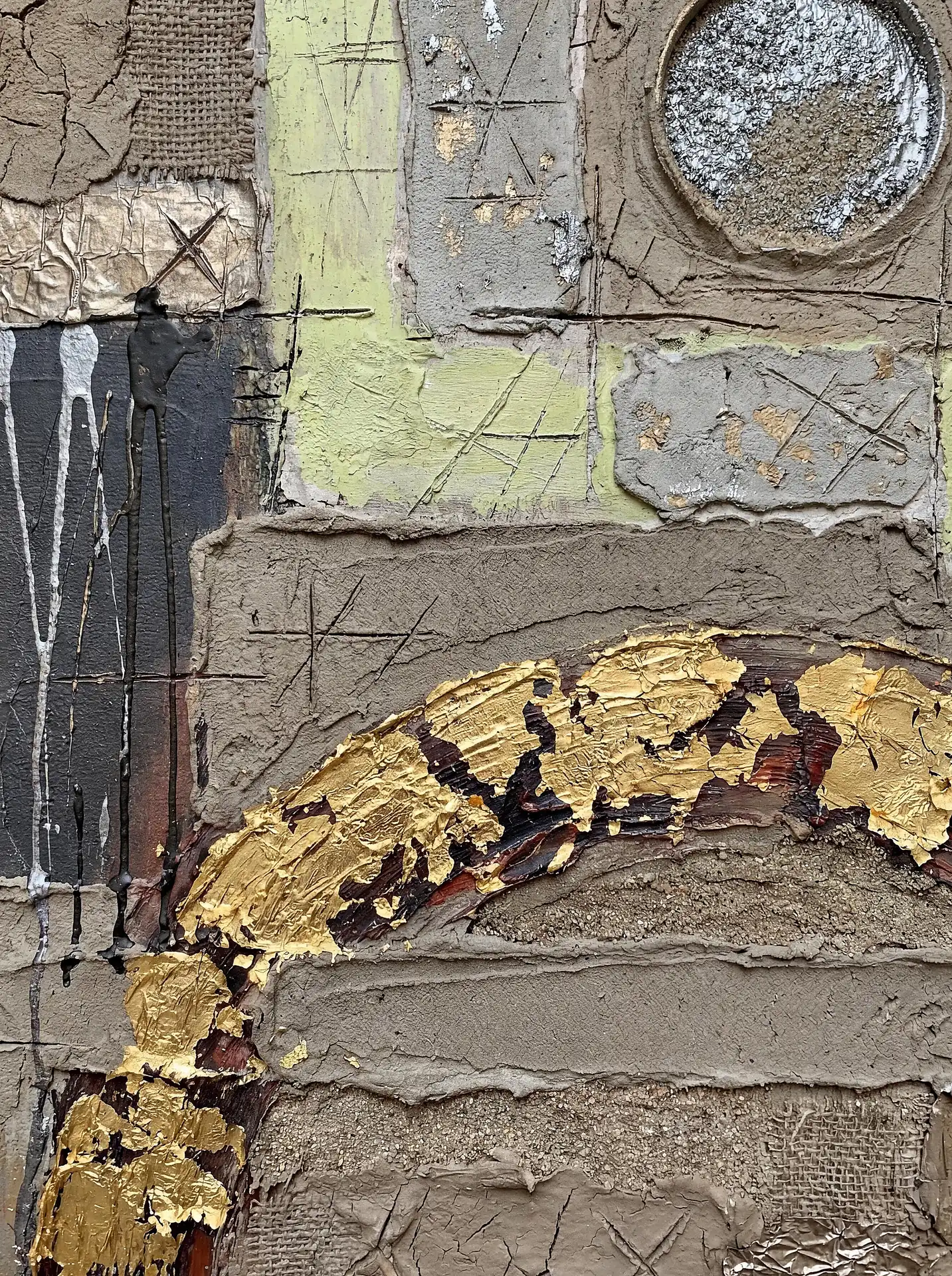 Textured abstract composition in a mixed media collage style featuring an arching gold leaf element over cracked plaster and burlap. The piece blends industrial materials with luxurious metallic accents in a palette of grey, beige, and muted sage green to create a weathered, antique mood. Artwork by Constantine Cheshire