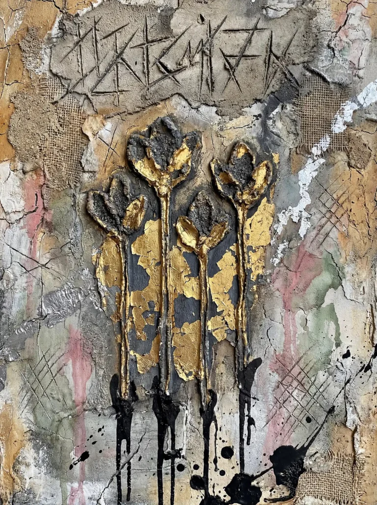 Rising from a weathered industrial backdrop, these four sculptural gold flowers feature heavy textures and metallic leaf accents. This mixed-media artwork combines raw concrete aesthetics with delicate floral forms, featuring carved runes and bold black ink drips. Artwork by Constantine Cheshire