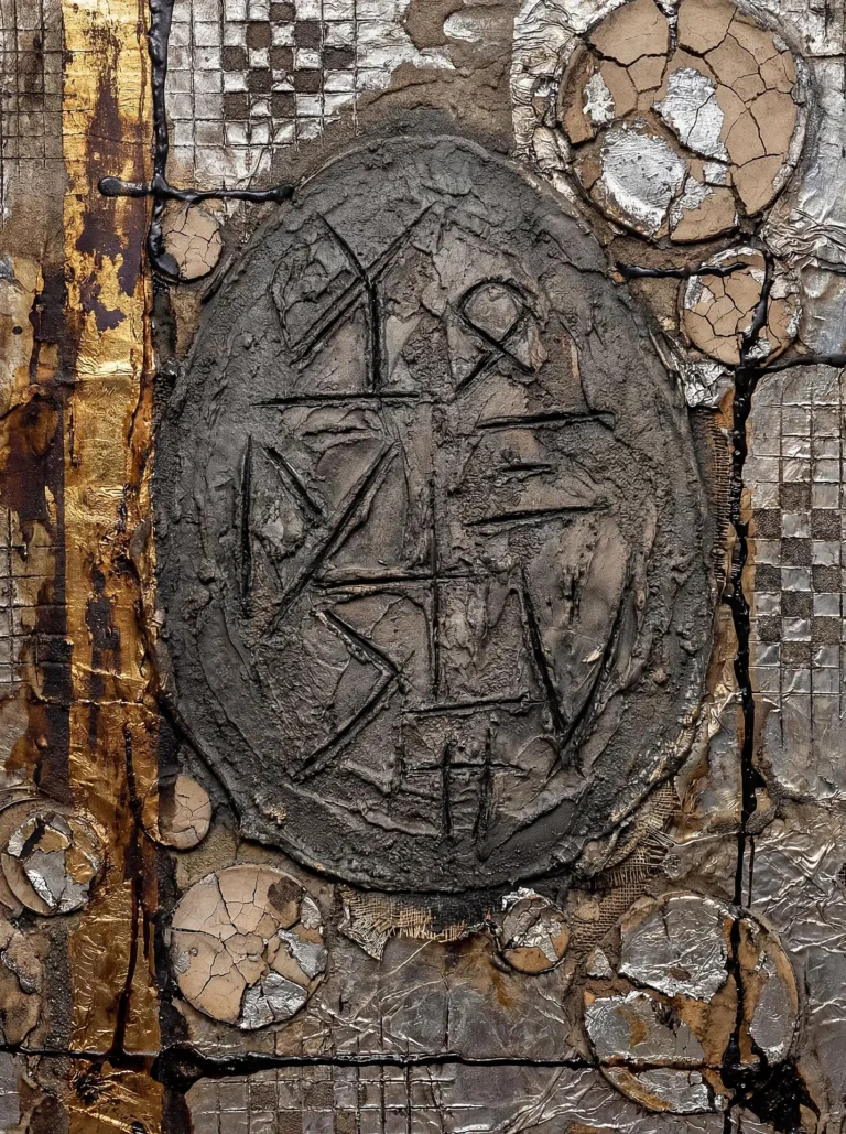 Flowing across a metallic background, an etched clay medallion displays mysterious runic symbols amidst gold leaf and cracked textures. This abstract mixed media piece combines industrial materials like silver foil and black resin drips with primitive, archaeological motifs for a moody, contemporary aesthetic. Artwork by Constantine Cheshire