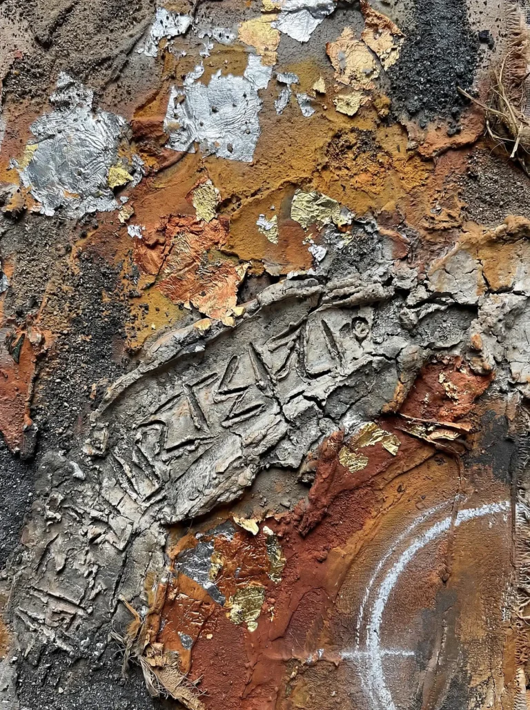 Shimmering metallic highlights contrast against this earthy abstract artwork featuring heavy textures and mysterious runic carvings. This tactile mixed media piece uses gold leaf, silver foil, and cracked clay in shades of terracotta and grey to create a sense of ancient history and weathered elegance. Artwork by Constantine Cheshire