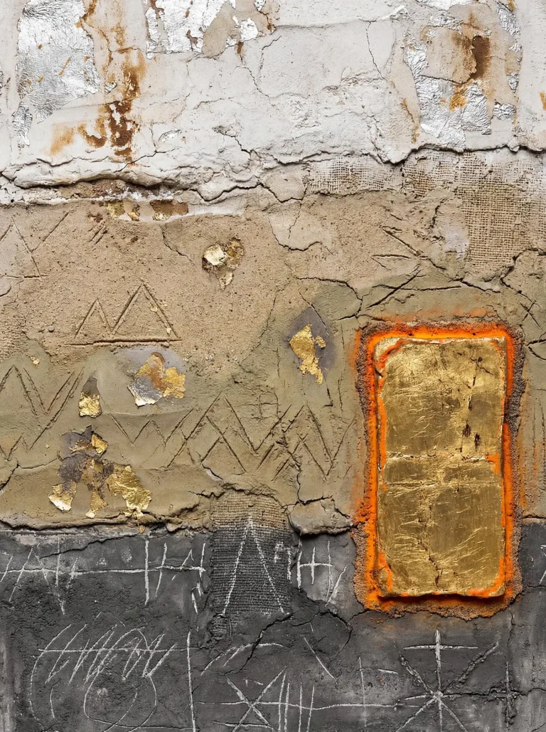 Evocative and ancient in mood, this textured artwork features crumbling plaster layers embedded with gold leaf and primitive carvings against a striking orange border. The composition blends industrial grit with metallic elegance through neutral beige, deep gray, and shimmering silver accents. Artwork by Constantine Cheshire