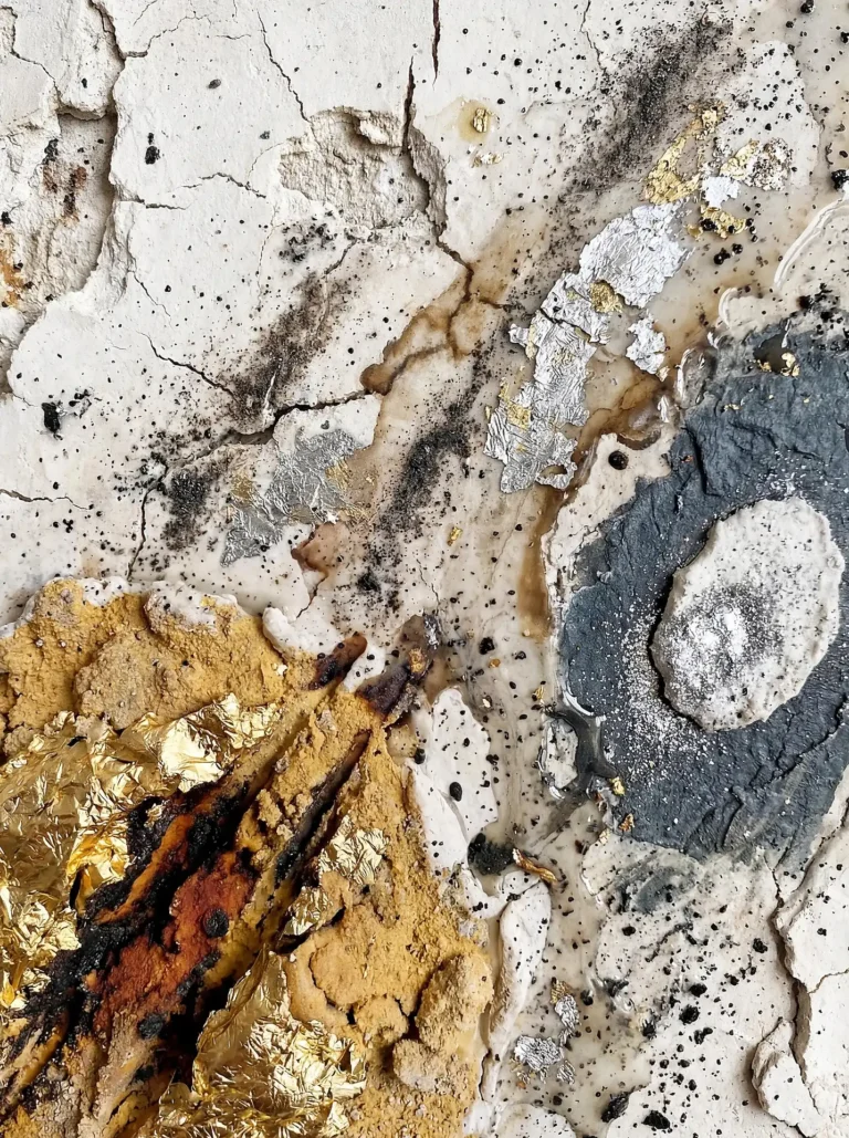 Warm golden highlights and cool silver tones illuminate this textured mixed media artwork featuring cracked plaster and rich minerals. This contemporary piece combines geological forms with luxury metallic foils and glossy resin trails to create a rugged, organic mood. Artwork by Constantine Cheshire