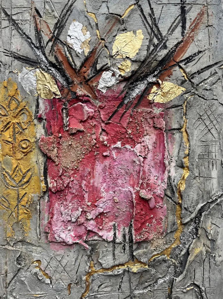 Textured red abstract painting in mixed media style. This piece features heavy impasto plaster, weathered gray surfaces with deep cracks, and delicate gold and silver leaf accents that create a kintsugi-inspired aesthetic of decay and restoration. Artwork by Constantine Cheshire