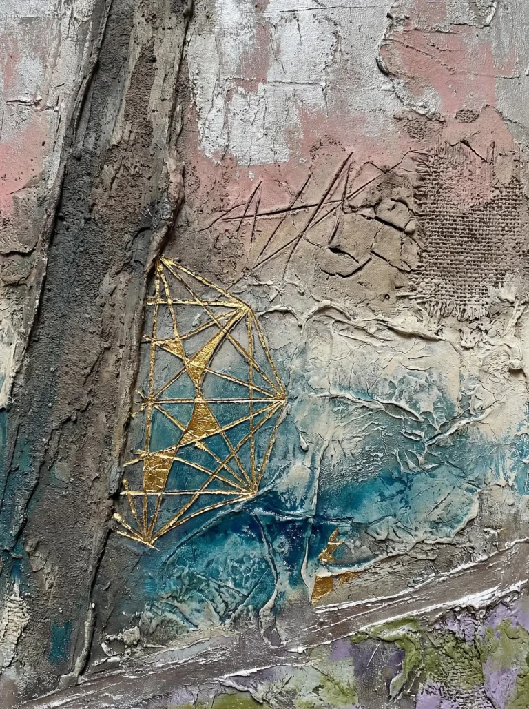 Thick plaster, coarse burlap, and shimmering gold leaf create a tactile landscape across the canvas. A central geometric grid anchors the flowing layers of teal, silver, and dusty pink in this expressive contemporary piece. Artwork by Constantine Cheshire