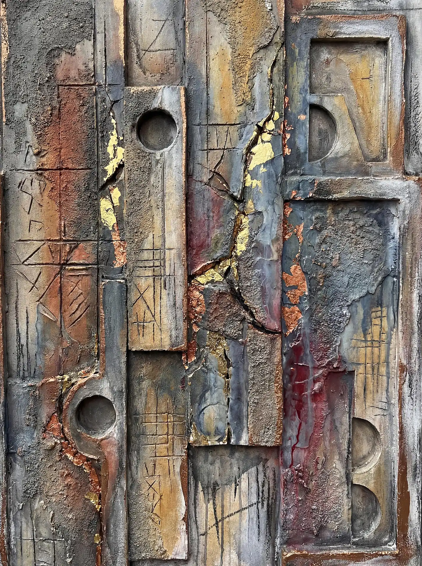 Brutalist relief sculpture created with heavy mixed media textures, featuring geometric blocks and circular indentations. The weathered concrete surface is elevated by metallic gold leaf and deep ochre tones, creating a sophisticated and aged industrial aesthetic. Artwork by Constantine Cheshire