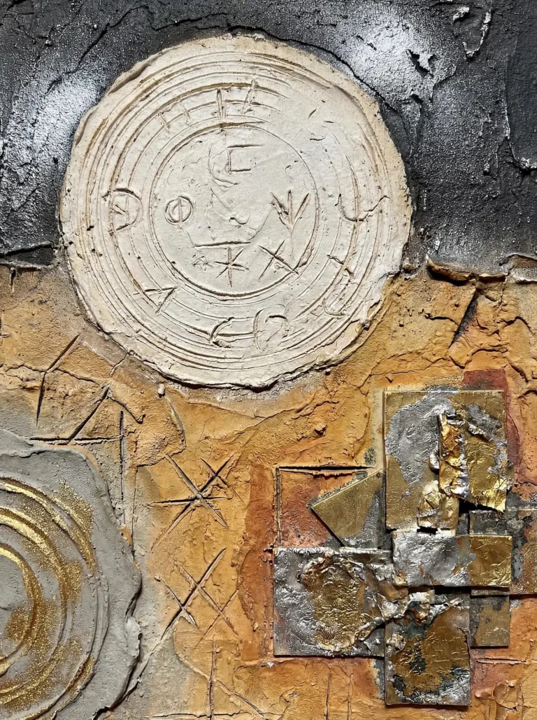 Layered textures and metallic foils create a complex arrangement of ancient sigils and geometric shapes. This mixed media piece combines earthy ochre and sienna tones with shimmering gold and silver leaf to evoke a mysterious, archaeological mood. Artwork by Constantine Cheshire