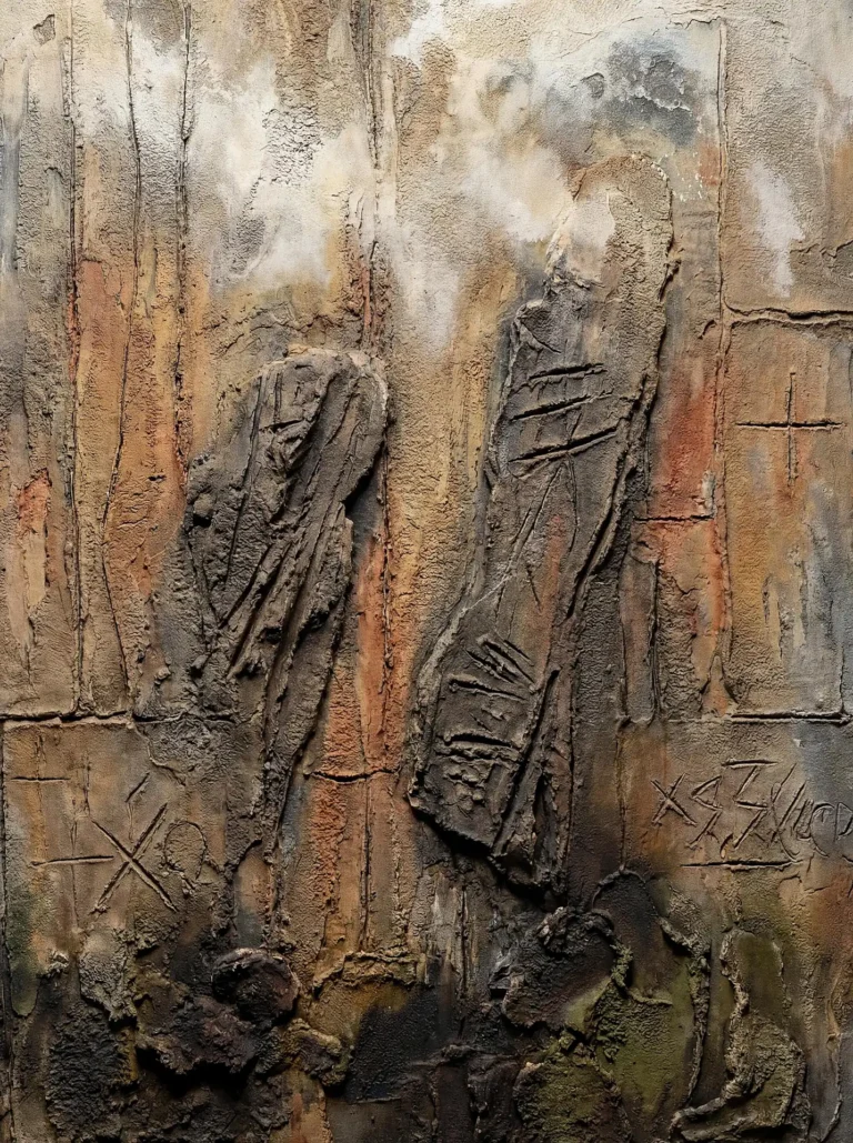 Rising from the weathered surface, this abstract relief sculpture features heavy earthy textures and mysterious etched symbols. This mixed media artwork uses ochre, brown, and grey tones to evoke the somber mood of an archaeological discovery or an ancient temple wall. Artwork by Constantine Cheshire