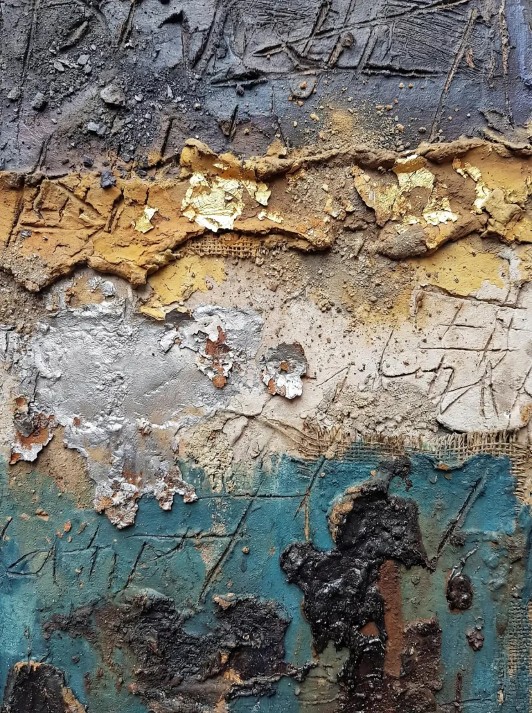 Burlap mesh and cracked mud textures dominate this rugged abstract composition featuring peeling gold leaf and metallic silver accents. The earthy palette of ochre and deep turquoise is enhanced by heavy impasto and gestural scratches to create an industrial, weathered mood. Artwork by Constantine Cheshire