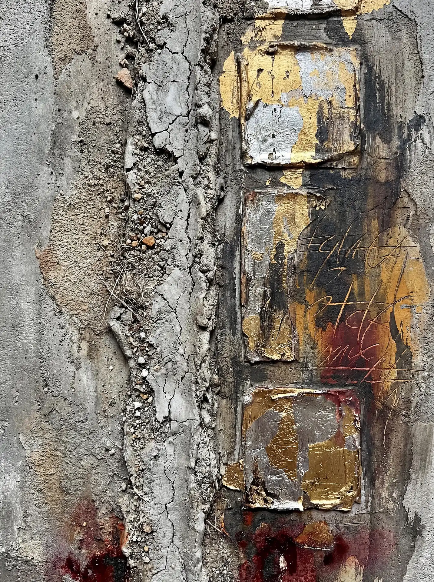 Weathered concrete and metallic leaf squares form a mixed-media abstract collage. This industrial composition features a prominent vertical crack alongside squares of gold and silver foil with dark, expressive scribbles. Artwork by Constantine Cheshire