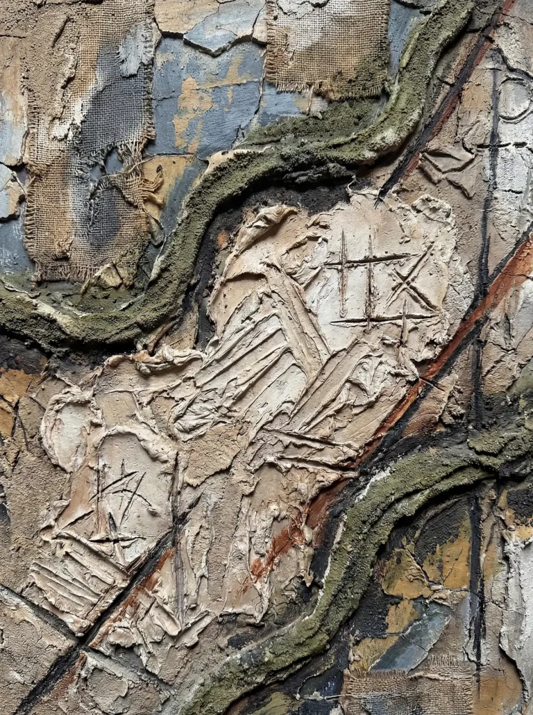 Swirling across the canvas, this multi-layered abstract piece combines thick impasto plaster with weathered burlap fragments. The earthy palette of ochre and moss green highlights the tactile, sculptural qualities of the relief surface and its weathered aesthetic. Artwork by Constantine Cheshire
